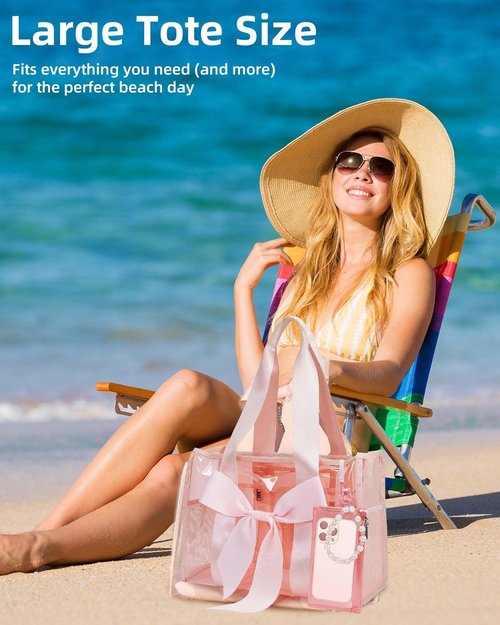 Skiennix Jelly Tote Bag - Stylish Pink Beach Bag with Bow | Large Waterproof Zipper Design