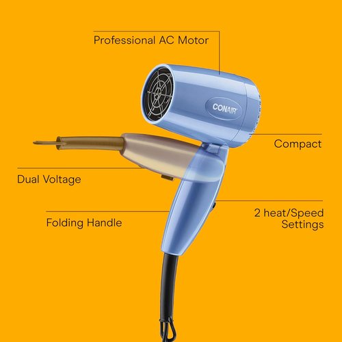 Conair Travel Hair Dryer - 1600W Compact Dual Voltage Blow Dryer with Folding Handle | Blue