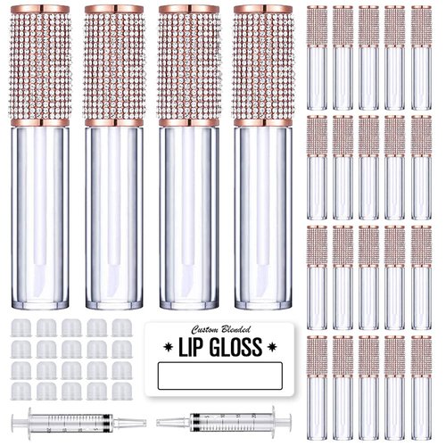 AMORIX 24 Pack Crystal Rhinestone Lip Gloss Tubes with Wand 5ml Empty Containers + Syringes + Labels