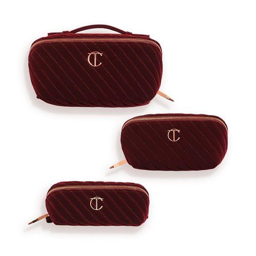 Charlotte Tilbury Travel Makeup Bag - Quilted Velvet Cosmetic Organizer with 5 Compartments & Zip Pocket - Iconic Night Crimson