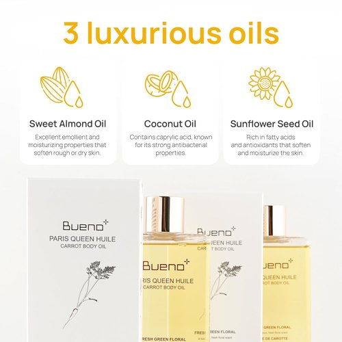 Bueno Paris Carrot Body Oil - Hydrates & Protects Skin with Carrot Extract | 6.7 Fl Oz