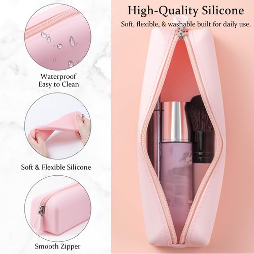 RSRSLEII Cute Silicone Makeup Brush Holder, Soft Portable Cosmetic Brush Bag with Zipper, Travel Makeup Brush Case(01Lightpink)