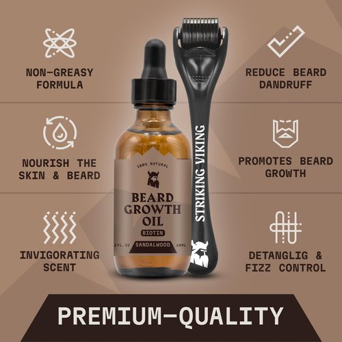Striking Viking Beard Growth Kit - Sandalwood, 2 fl oz - Fuller, Thicker & Healthier Facial Hair Oil Infused with Jojoba & Argan Extracts - For All Hair Types & Patchy Areas - Biotin Fortified