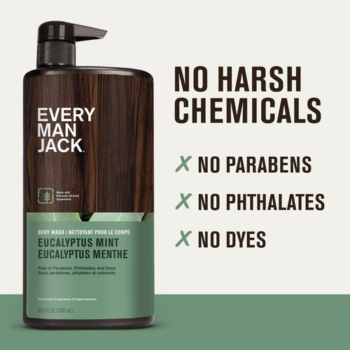 Every Man Jack Eucalyptus Mint Hydrating Mens Body Wash for All Skin Types - Cleanse, Nourish, and Hydrate Skin with Naturally Derived Ingredients - Paraben Free, Phthalate Free, Dye Free - 33.8oz