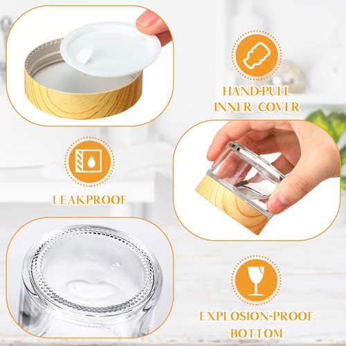 Layhit 48 Pcs 50 ml Cosmetic Glass Jars with Lids 1.69 oz Small Jars with Plastic Woodgrain Lids, White Labels and Inner Liners Empty Round Cosmetic Containers for Creams Lotions Powder Candle Making