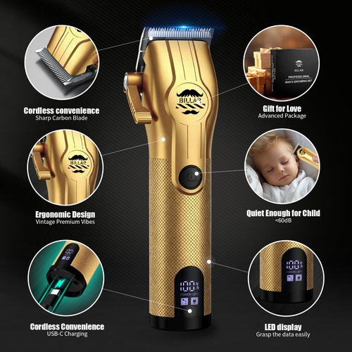 BILLAR® Professional Barber Clippers and Trimmer Set - Foil Shaver Professional Hair Clippers for Men, Mens Cordless Hair Clipper for Barbers Haircut Kit（Golden）