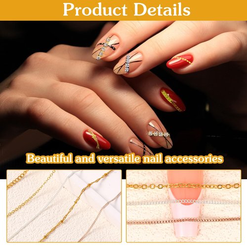AOZUO 24 Strips Nail Art Chains, DIY Nail Jewelry Charms 3D Nail Chain Decor Gold Silver Metal Punk Pendant Nail Ornaments Line Nail Studs Charm for Women Design Nails Manicure Accessories (Style A+B)