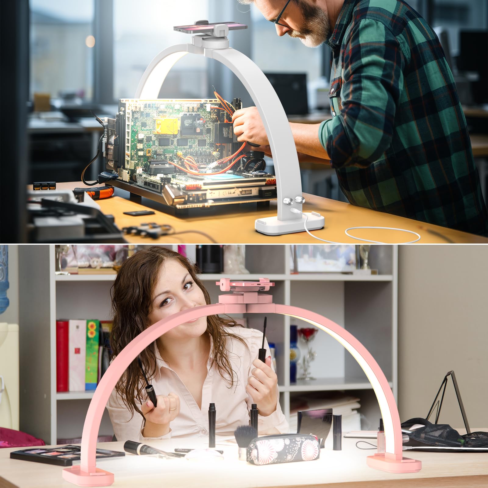 WurodBiza Upgrade 31" Wide-Body Large Half Moon Light for Nail Desk with Phone Holder, Foldable Arch Light for Nail Techs Perfect for Professional Manicure (Large Pink)