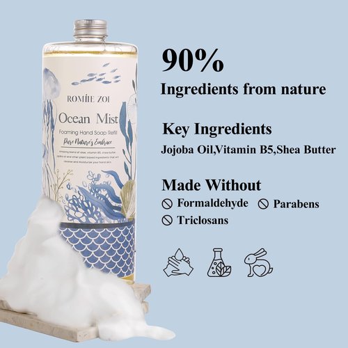 ROMIIE ZOI Hand Soap Refills, Foaming Hand Soap Natural Plant Moisturizing Handsoap Fragrance Ocean Mist - Soft Hand Wash for Kitchen & Bathroom - with Foam Soap Dispenser 1L/33.8oz Pack of 3