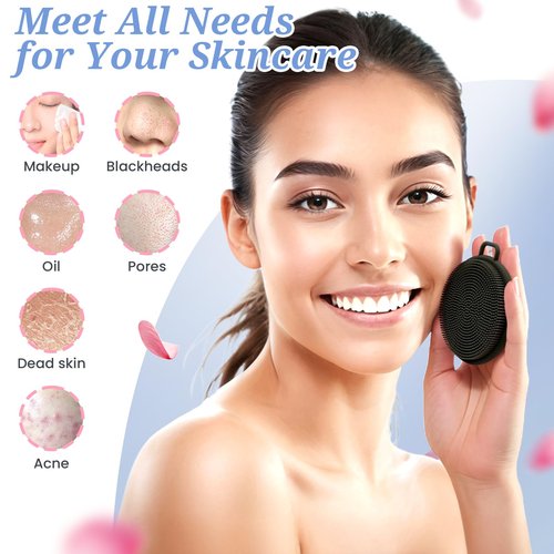GEENOA Silicone Back Body Face Scrubbers Set 4PCS, 15.35’’ Back Scrubber Soft Body Scrubber for Dual-Side Usage, Easy-to-Hold Soft Bath Glove & Face Scrubber for Good Foaming Deep Cleaning(Black)