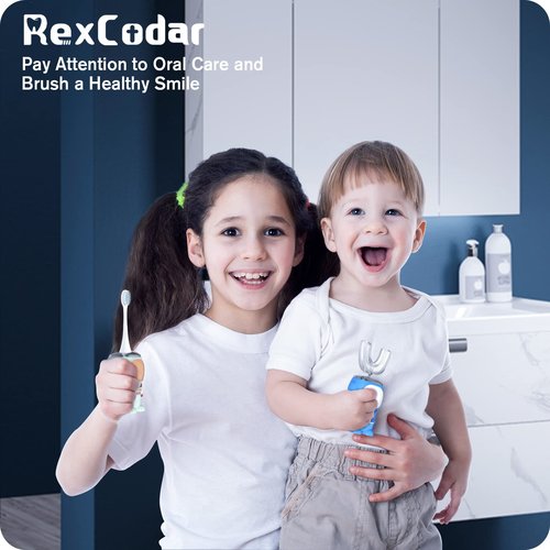 RexCodar Ultrasonic Kid's U-Shaped Electric Toothbrush, IPX7 Waterproof, Five Cleaning Modes,Cartoon Astronaut, 60S Smart Reminder (6-12 Age (Blue))