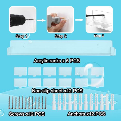 6 Pack Nail Polish Rack, Wall Mounted Organizer Shelf With Removable Anti-slip End Inserts, Clear Acrylic Display Holder for 90 Bottles