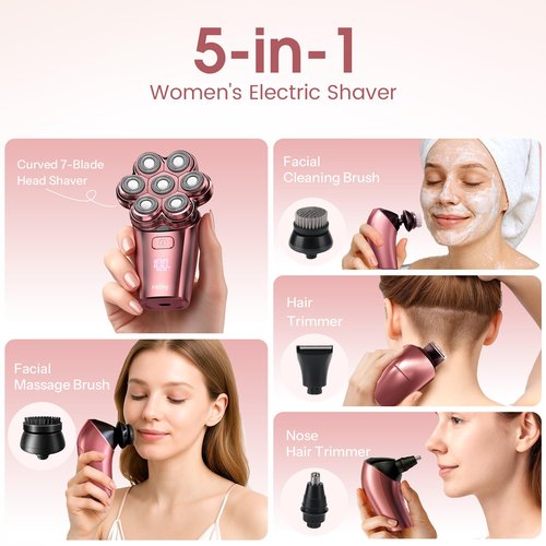Electric Razors for Women Legs : 5-in-1 Rechargeable Body Shaver, 7D Wet & Dry Bikini Trimmer, IPX7 Waterproof Lady Hair Remover for Face Underarms Pubic, Rose Pink