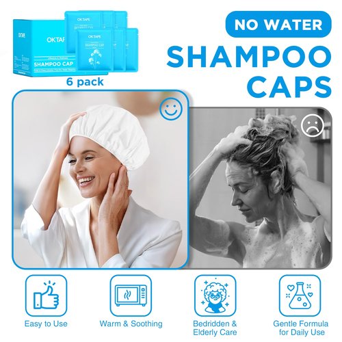 OK TAPE No Water Shampoo Caps (6 Pack) 3 Scents, Rinse Free Shower Cap for Elderly, After Surgery, Camping, Shampoo and Conditioner Hair Wash Cap (Jasmine, Vanilla and Bellflower Scents)