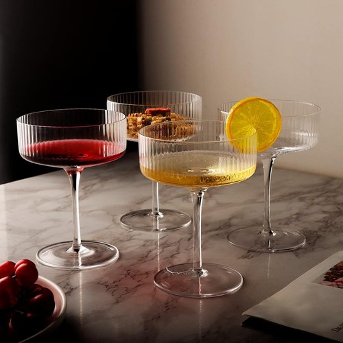 Skiennix 6 Pcs Ribbed Coupe Cocktail Glass Set - Elegant 10 oz Hand Blown Martini Glasses with Gift Box