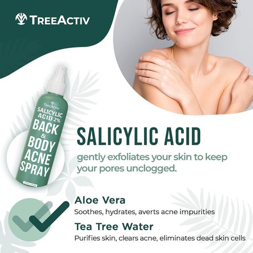TreeActiv Salicylic Acid Back & Body Acne Spray, Fine Mist Back Spray for Bacne & Chest Acne, Tea Tree + Eucalyptus, Fast-Drying Non-Staining, 4 fl oz (2-Pack, 8 fl oz Total)