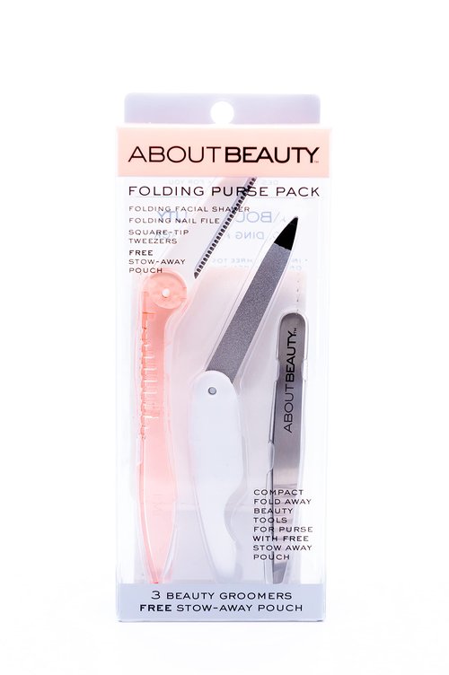 About Beauty Folding Purse Pack - 3 Beauty Groomers and Stowaway Pouch, Includes Folding Facial Razor, Square Tip Tweezers and Folding Nail File, Made with Japanese Steel