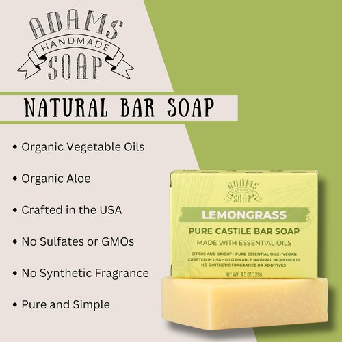 Adams Handmade Soap Lemongrass Pure Castile Bar Soap – 4.5 oz | Vegan, Cold Process, Essential Oils, 84% Organic, Fair Trade, No Additives, USA Made