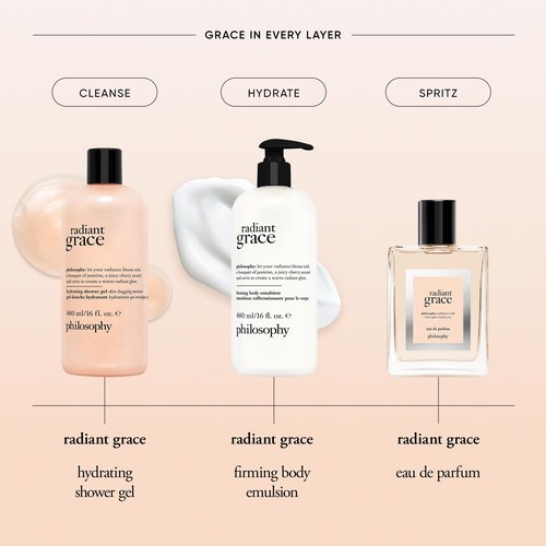 philosophy radiant grace hydrating bath & shower gel- cleanses, soothes & comforts dry skin - with notes of jasmine, black cherry & sandalwood - 16 fl oz