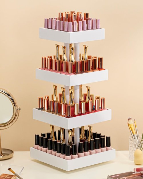 Homde Nail Polish Display Stand and Storage: 360 Degree Rotating Bamboo Rack Organizer, 4 Tier Makeup Holder for Fast Access on Countertop or Vanity for Girls & Women,White