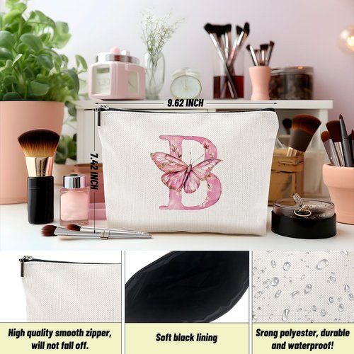CSHVJ Initial Makeup Bag Pink Butterfly B Personalized Cosmetic Bag Monogrammed Gifts for Women Girls Bride Boss Monogram Zipper Pouch for Friendship Mothers Day Birthday Wedding Bridal Shower Gifts