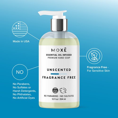 MOXE All Natural Hand Wash – Unscented Fragrance-Free– Gentle Formula, Organic & Plant-Based – For Kitchen & Bathroom – Biodegradable, Vegan, Cruelty-Free, No Sulfates or Parabens – 12 oz