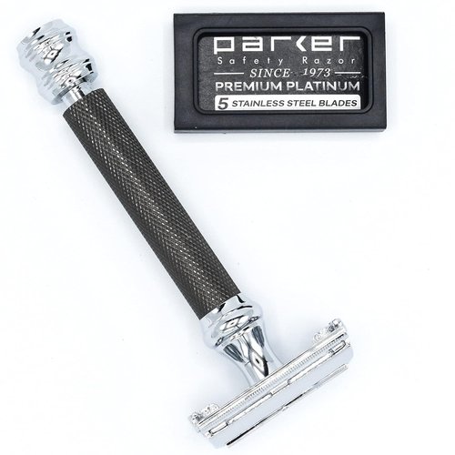 Parker 76R Butterfly Open Safety Razor - Heavyweight Gunmetal Finish with Long Knurled Handle for Precision Shaving