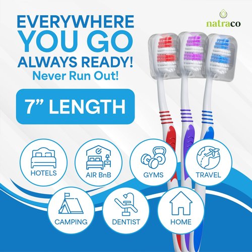 natraco Bulk Toothbrush Pack with Covers | Premium Quality Individually Wrapped Colorful Tooth Brushes | Medium Soft Bristles for Travel, Donations, Hotels (25)