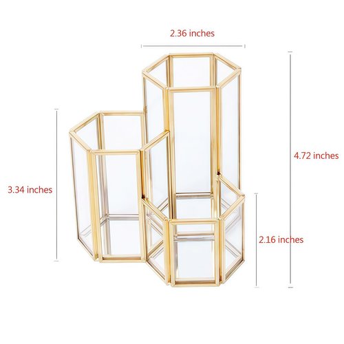 JIARI Glass Makeup Brush Holder, 3 Slots Gold Hexagon Cosmetics Organizer, Desktop Pen Pencil Pot for Office Home (Hexagon-3 Slot)