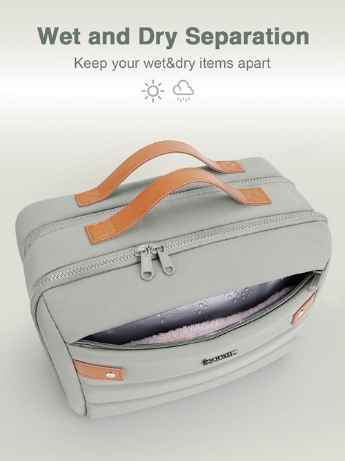 COOSKY Women's Hanging Toiletry Bag, Waterproof Travel Cosmetic Organizer with Jewelry Storage, Large Capacity Makeup Case for Full-Size Skincare & Bathroom Essentials, Portable Cosmetic kit, Grey