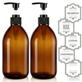 Homepicker 16 oz Amber Glass Soap Dispenser with Pump, Glass Pump Bottle for Lotion Body Oil, 500ml Hand and Dish Soap Dispensers Set with Storage Caps, Labels - 2 Pack