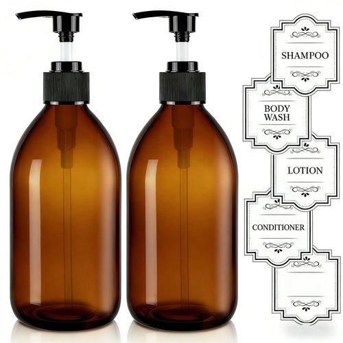 Homepicker 16 oz Amber Glass Soap Dispenser with Pump, Glass Pump Bottle for Lotion Body Oil, 500ml Hand and Dish Soap Dispensers Set with Storage Caps, Labels - 2 Pack