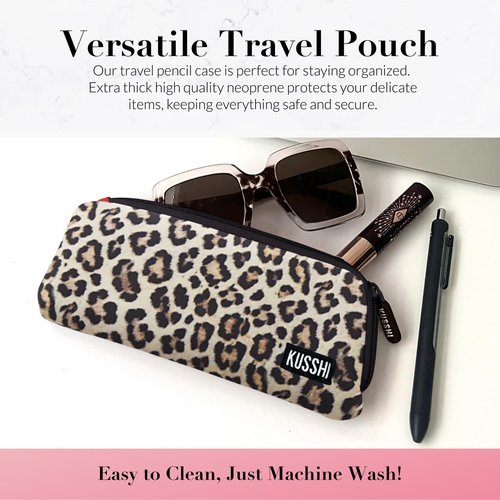 KUSSHI Neoprene Zipper Makeup Brush Pouch and Travel Pencil Case for Beauty Tools, Pencils, Brushes & Small Accessories - Makeup Brush Bag Pouch for Organization and Travel Items (Leopard/Red)