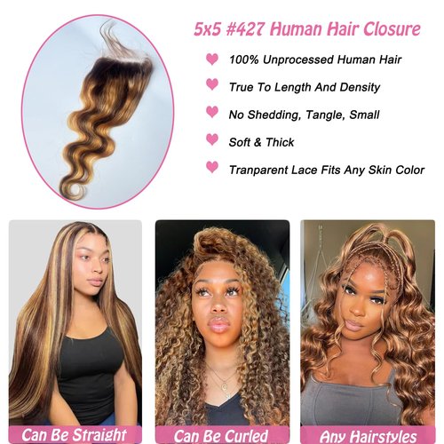 4/27 5x5 Hd Lace Closure 12 Inch Brazilian Virgin Human Hair Closure Bleached Konts Transparent Lace Pre Plucked With Baby Hair Natural Hairline Free Part For Women (P427 12 Inch)