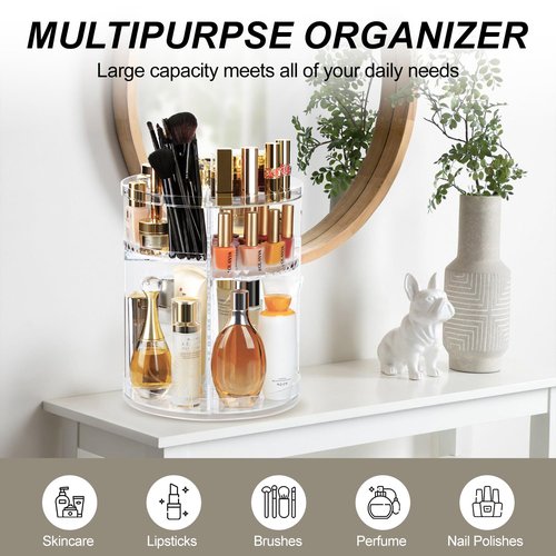 AMEITECH Rotating Makeup Organizer, 360 Spinning Skincare Organizers, 8 Adjustable Layer Cosmetic Storage Case with Brush Holder Perfume Tray for Vanity Bathroom Countertop - Large