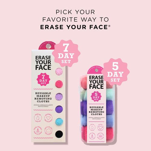 ERASE YOUR FACE Reusable Makeup Remover Cloths - Microfiber Face Towels to Cleanse & Remove Makeup - Water Activated for Sensitive Skin - Multi-Bright (Mini, 7 Count)