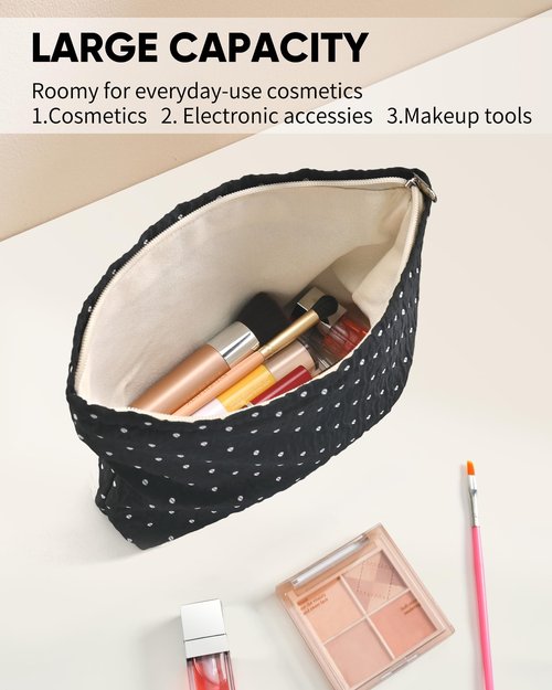 Ksriylm Cute Black Polka Dots Makeup Pouch for Women Small Wave Point Make Up Bag for Zipper Initial Cute Canvas Makeup Cosmetic Bags Pouches for Purse Aesthetic Travel Toiletry