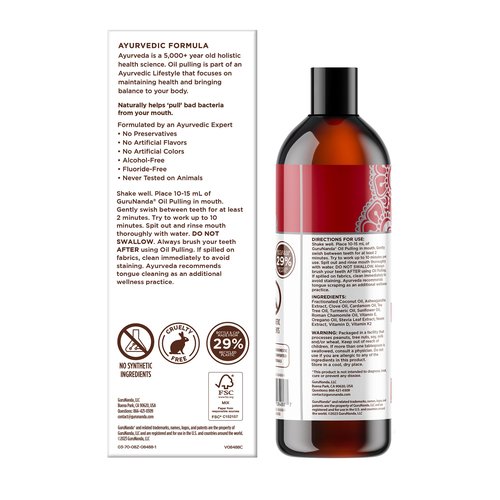 GuruNanda Cinnamon Oil Pulling Mouthwash, Promotes Calmness, with Neem & Ashwagandha for Fresh Breath & Happy Gums, Alcohol-Free, with Toothbrush & Tongue Scraper, 3X8 Oz