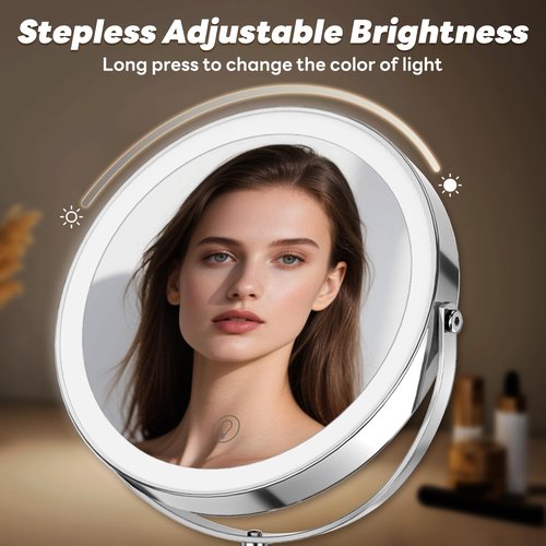 DYETUNY 10x/1x Lighted Vanity Makeup Mirror, 2000mAh Rechargeable Height Adjustable Double Sided, Magnifying Mirror with 3 Color Light, Brightness Adjustable, 360° Rotation, Women Gift