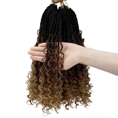 Goddess Box Braids Crochet Hair 12 Inch 8 Packs Pre-looped Bohemian Crochet Boho Box Braids With Curly Ends 3X Crochet Braids Hair for Women Synthetic Braiding (12 inch, T1B/30/27)