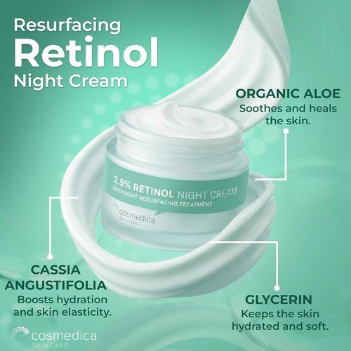 Cosmedica Skincare Retinol Night Cream - Anti-Aging Moisturizer with Hyaluronic Acid | 1.7 oz for Wrinkle Repair