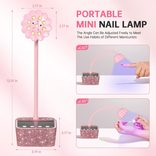 CHRISTINE SHELLY UV Nail Lamp, Mini UV Light for Gel Nails Polish, Rechargeable Nail Dryer with 4 Timers, Quick Drying Cordless Goosenecks Home Nail Salon DIY Manicure Pink Diamond