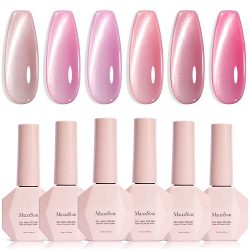 MelodySusie Pink Gem Cat Eye Gel Set Cat Eye Gel Nail Polish Set 6 Pcs, 0.26 Fl Oz Glitter Holographic Magnetic Nail Polish with Magnet, UV Nail Polish for Nail Art Manicure Salon DIY at Home