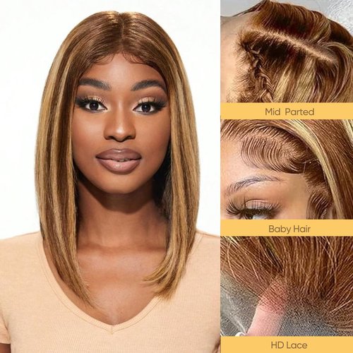CLong Highlight Ombre Lace Front Wig Human Hair, 10 inch 13x4 Lace Wig Transparent 4/27 Short Bob Wigs For Black Women Human Hair 150% Density (4/27 Bob Wig,10inch)