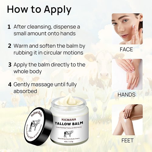 HJCMANA Beef Tallow for Skin 4 OZ, Natural Unscented Tallow and Honey Balm, Grass Fed Beef Tallow for Face and All Skin Types