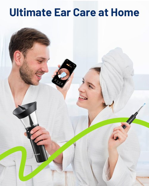 KAUGIC Ear Wax Removal - One-Hand Manual Ear Cleaner with Camera, 7 PCS Ear Spoons, Safe Ear Irrigation Kit for Adults (Black)