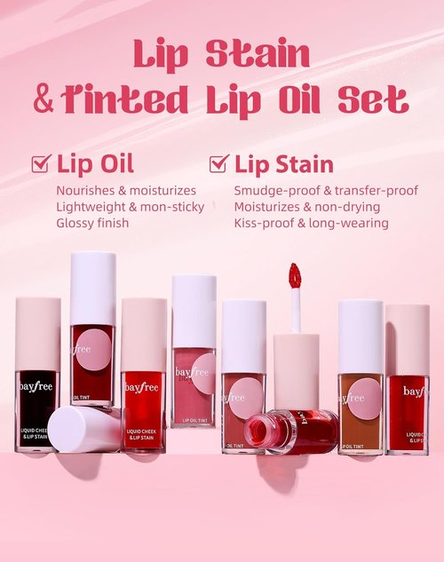 Bayfree Tinted Lip Oil & Lip Stain Set - Waterproof, Long-Wearing Korean Makeup | High-Shine, Moisturizing 2-in-1 Tint