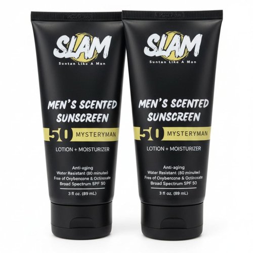 SLAM MysteryMan Men's Sunscreen Lotion SPF 50 - Moisturizing, Water-Resistant Face & Body Sunblock | 3 fl oz Double Pack