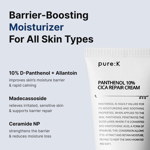 pure K Panthenol 10% CICA Repair Cream - Intensive Barrier Recovery - Soothing Moisturizer for Sensitive, Damaged Skin, Redness & Post-Acne Repair, Korean Skincare (2.7 Fl Oz / 80ml)