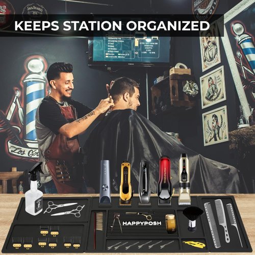 HAPPYPOSH Magnetic Barber Mat, Large Magnetic Barber Mats For Clippers and Supplies, Barbershop Pad for Station, Beauty Salon Table Matt, Tool Organizer for Pro Hairstylist, 4PCS